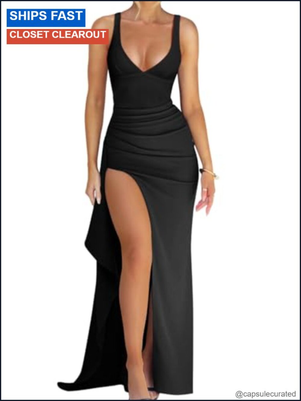 Memoriesea Women's Plunge Neckline Bodycon Ruched High Slit Party Maxi Dress